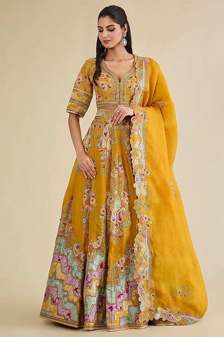 Mustard Organza Brocade Patchwork Kalidar Bridal Lehenga Set by Petticoat Lane at Pernia's Pop Up Shop