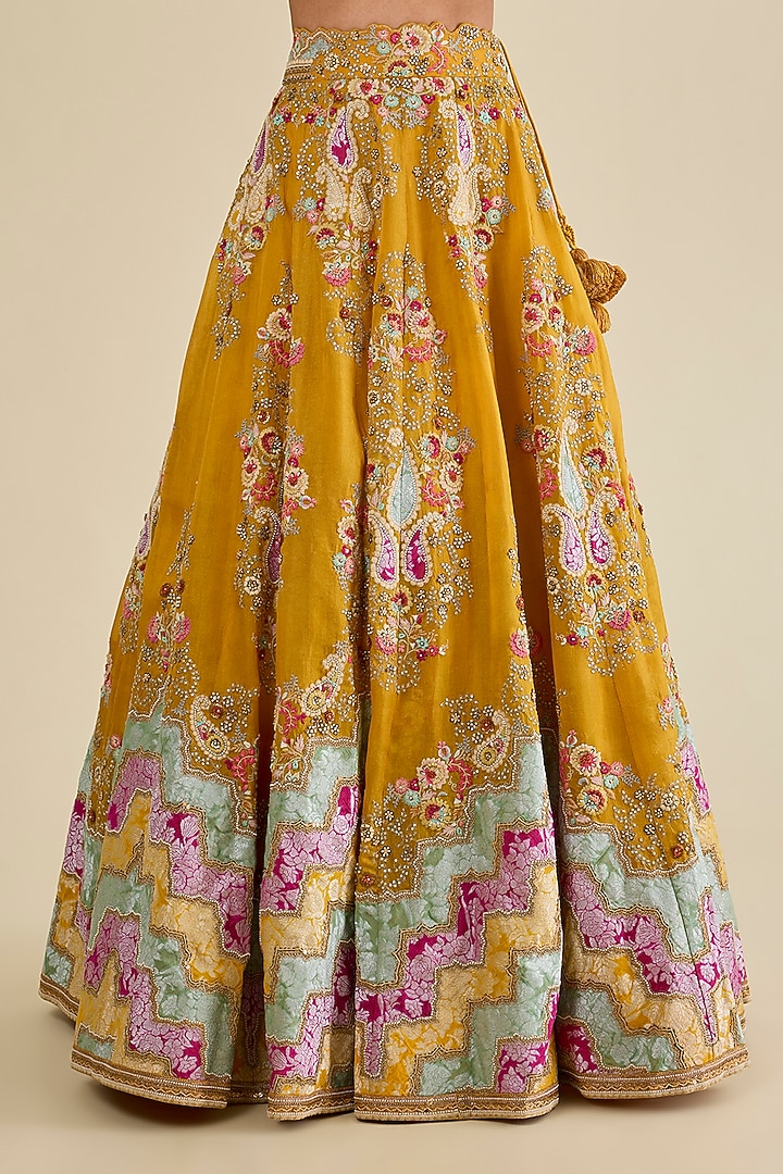 Mustard Organza Brocade Patchwork Kalidar Bridal Lehenga Set by Petticoat Lane at Pernia's Pop Up Shop