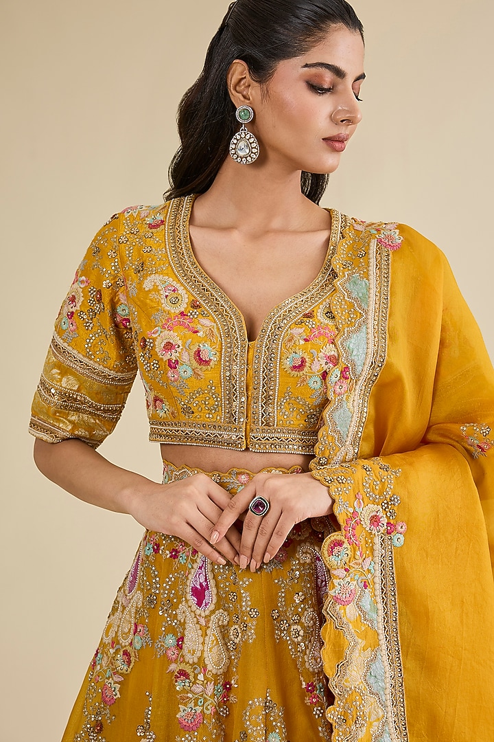 Mustard Organza Brocade Patchwork Kalidar Bridal Lehenga Set by Petticoat Lane at Pernia's Pop Up Shop