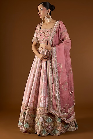 Lilac Brocade Hand & Machine Embroidered Kali Lehenga Set by Petticoat Lane