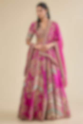 Fuchsia Pink Organza Brocade Patchwork Kali Bridal Lehenga Set by Petticoat Lane at Pernia's Pop Up Shop