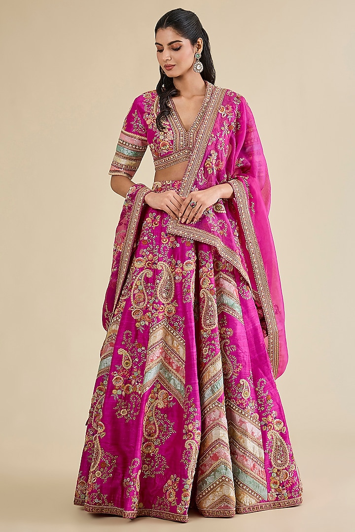 Fuchsia Pink Organza Brocade Patchwork Kali Bridal Lehenga Set by Petticoat Lane at Pernia's Pop Up Shop