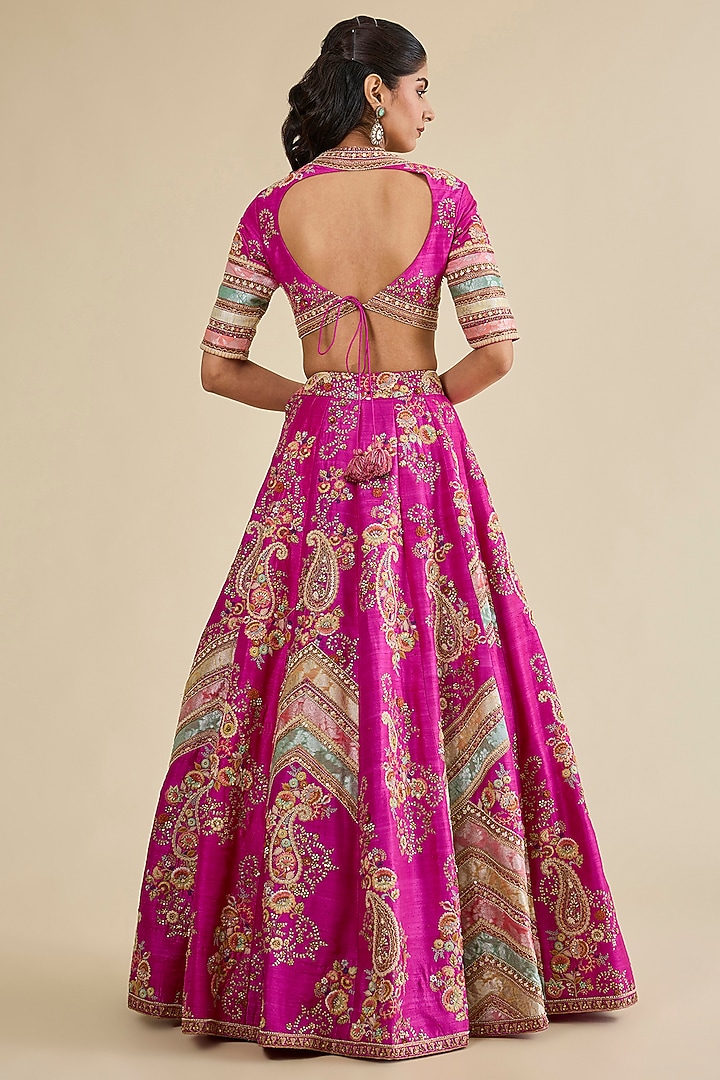 Fuchsia Pink Organza Brocade Patchwork Kali Bridal Lehenga Set by Petticoat Lane at Pernia's Pop Up Shop