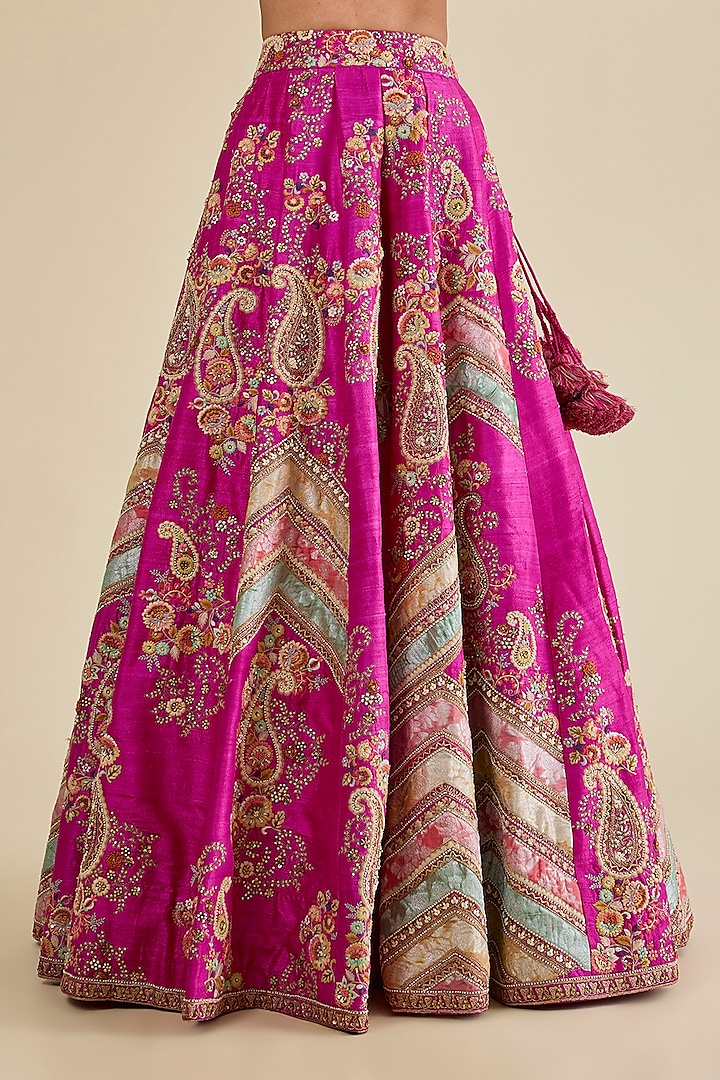Fuchsia Pink Organza Brocade Patchwork Kali Bridal Lehenga Set by Petticoat Lane at Pernia's Pop Up Shop