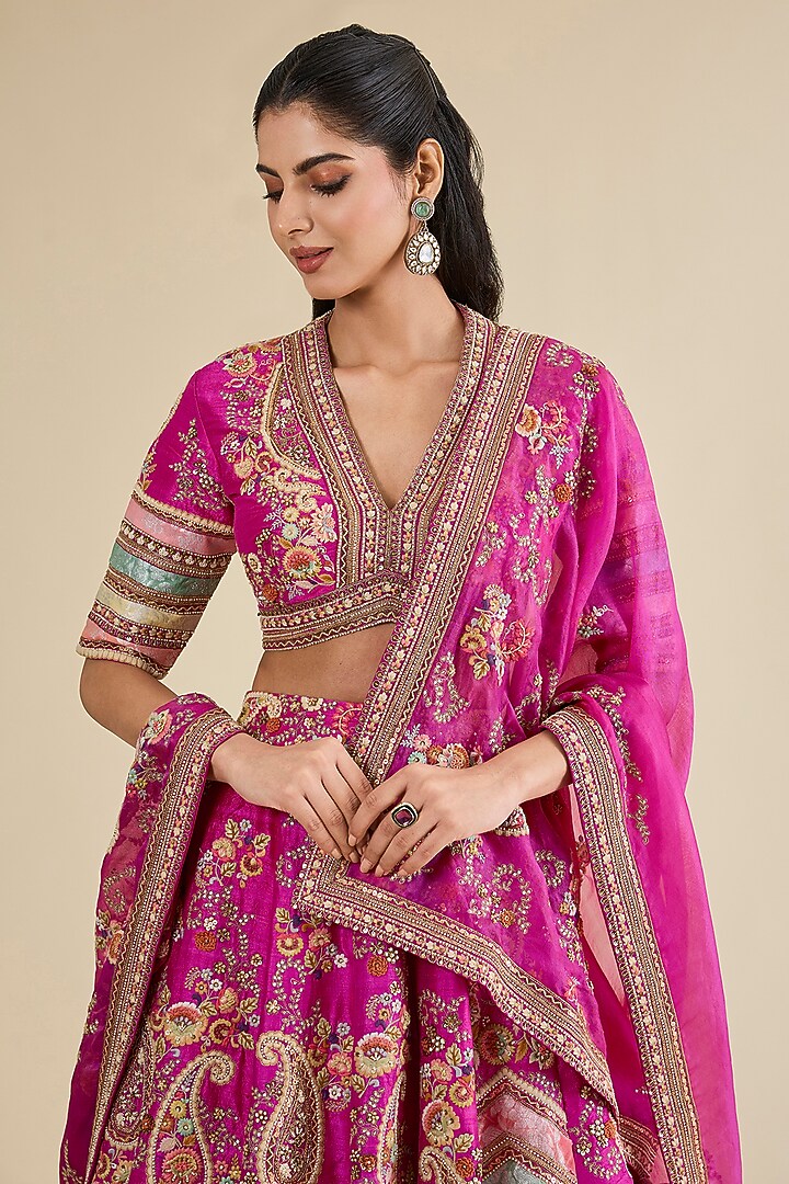 Fuchsia Pink Organza Brocade Patchwork Kali Bridal Lehenga Set by Petticoat Lane at Pernia's Pop Up Shop