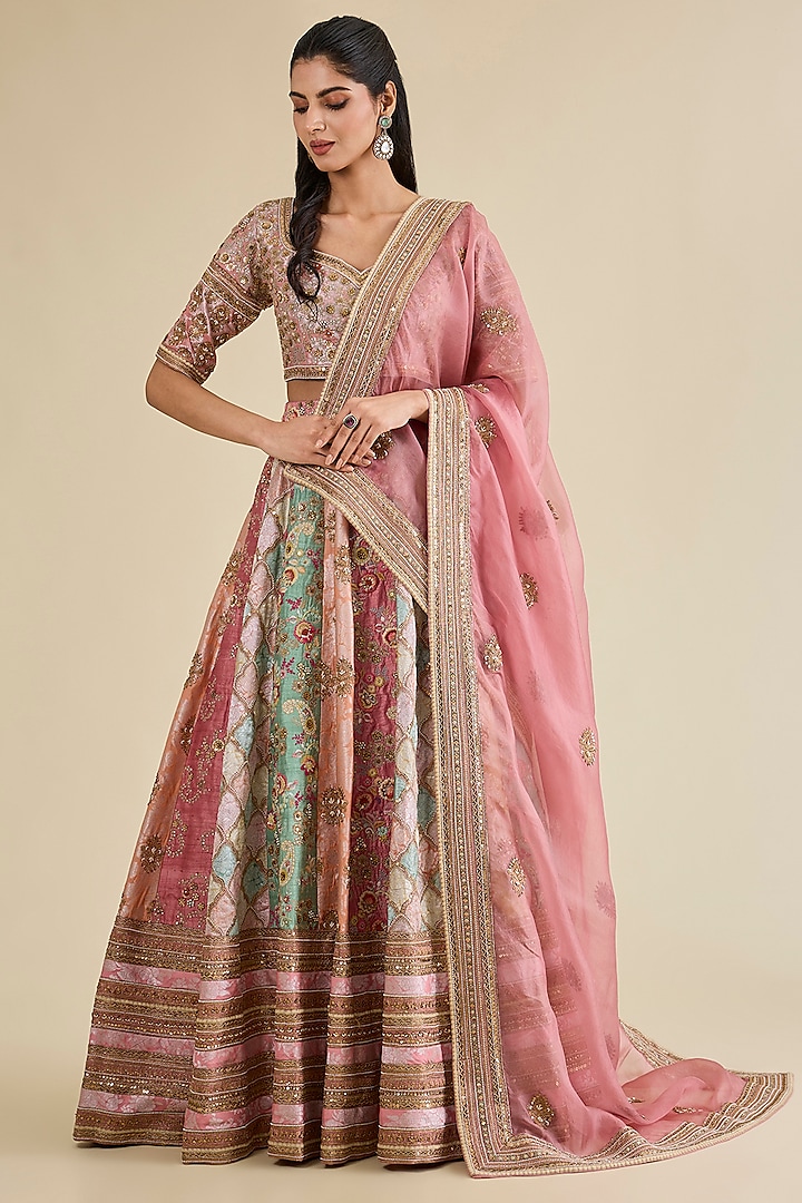 Lilac Organza Brocade Patchwork Kali Bridal Lehenga Set by Petticoat Lane at Pernia's Pop Up Shop
