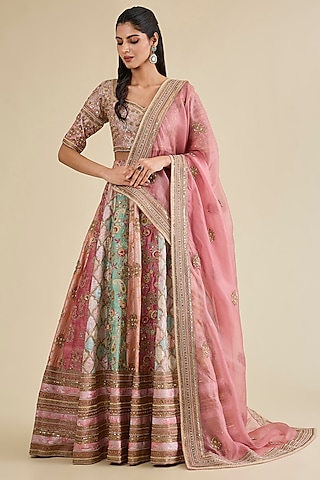 Lilac Organza Brocade Patchwork Kali Lehenga Set by Petticoat Lane