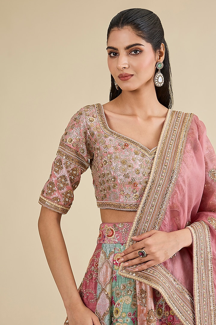 Lilac Organza Brocade Patchwork Kali Bridal Lehenga Set by Petticoat Lane at Pernia's Pop Up Shop