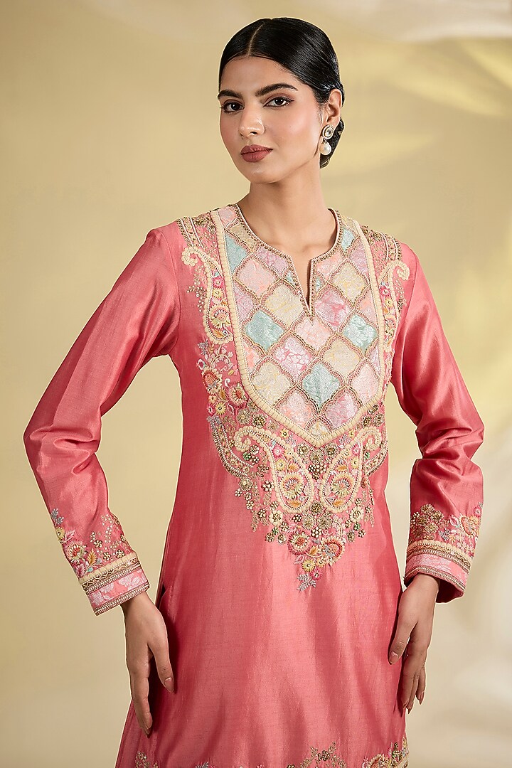 Rose Pink Chanderi & Shimmer Brocade Short Kurta Set by Petticoat Lane at Pernia's Pop Up Shop