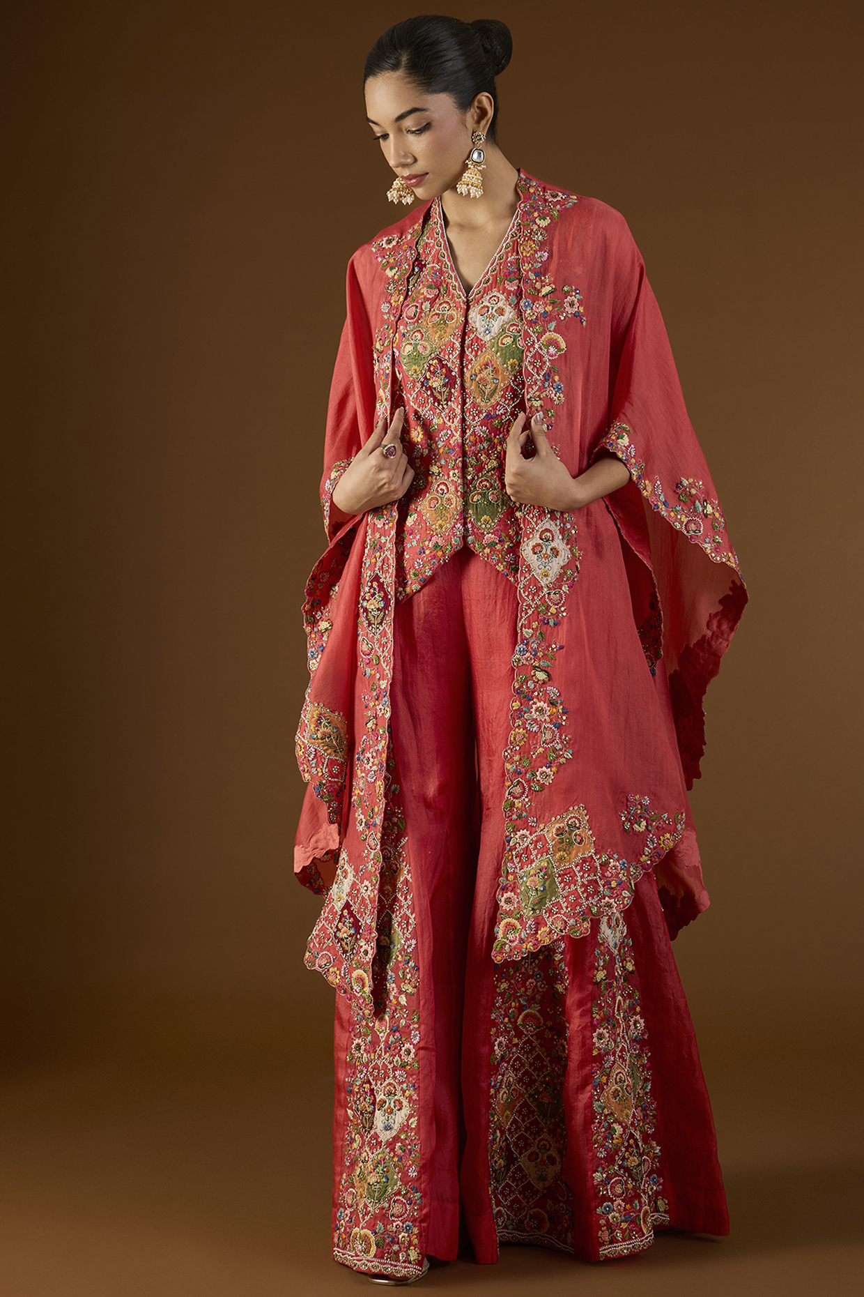Red Chanderi Hand & Machine Embroidered Cape Set by Petticoat Lane at Pernia's Pop Up Shop