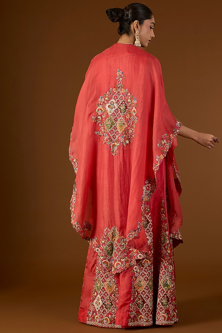 Red Chanderi Hand & Machine Embroidered Cape Set by Petticoat Lane at Pernia's Pop Up Shop