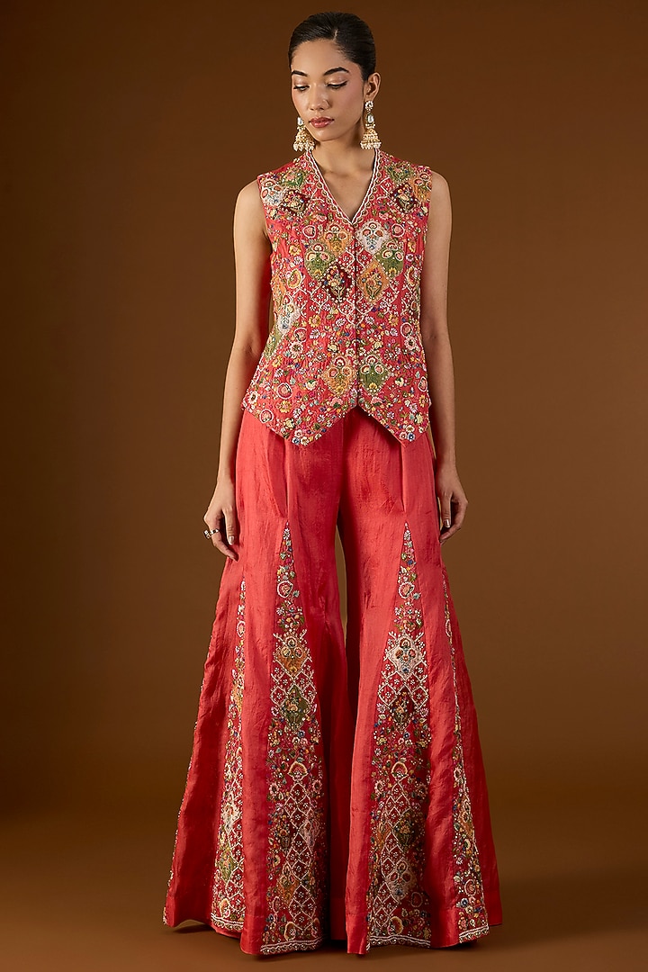 Red Chanderi Hand & Machine Embroidered Cape Set by Petticoat Lane at Pernia's Pop Up Shop