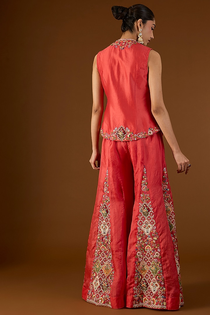 Red Chanderi Hand & Machine Embroidered Cape Set by Petticoat Lane at Pernia's Pop Up Shop