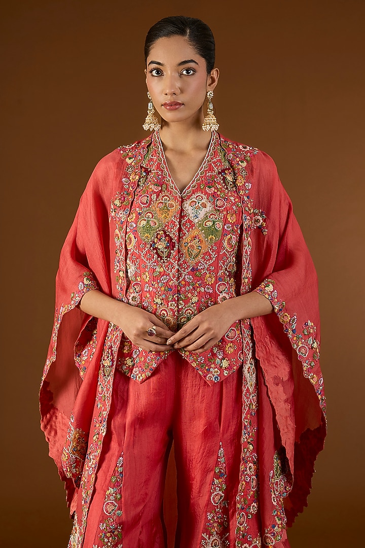 Red Chanderi Hand & Machine Embroidered Cape Set by Petticoat Lane at Pernia's Pop Up Shop