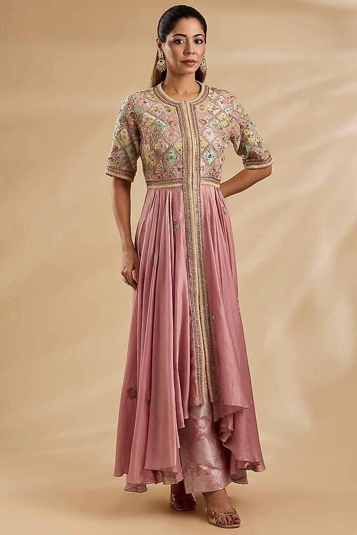 Lilac Brocade Patchwork Asymmetric Kalidar Wedding Anarkali Set by Petticoat Lane at Pernia's Pop Up Shop