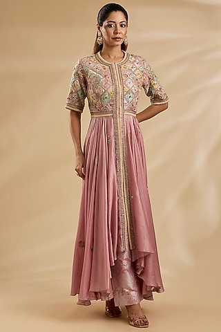 Lilac Brocade Patchwork Asymmetric Kalidar Anarkali Set by Petticoat Lane