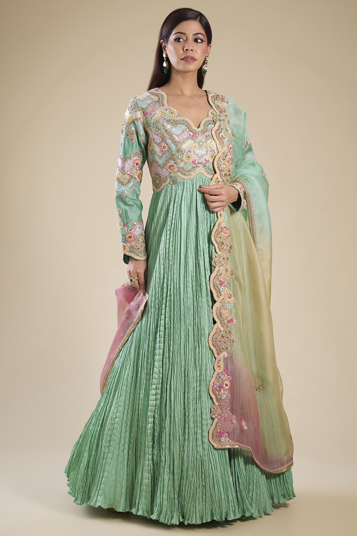 Cyan Brocade & Chanderi Patchwork Crushed Kalidar Bridal Anarkali Set by Petticoat Lane at Pernia's Pop Up Shop