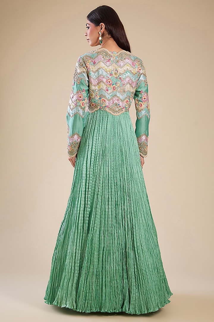 Cyan Brocade & Chanderi Patchwork Crushed Kalidar Bridal Anarkali Set by Petticoat Lane at Pernia's Pop Up Shop