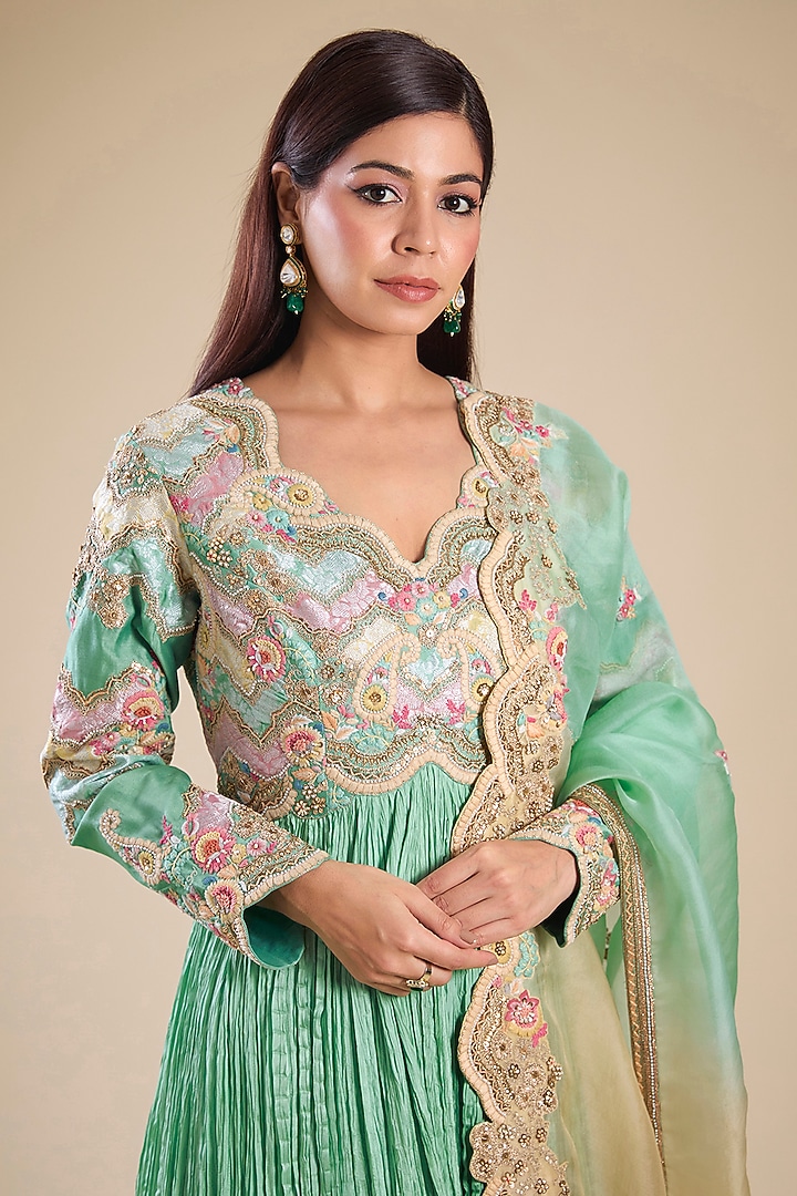 Cyan Brocade & Chanderi Patchwork Crushed Kalidar Bridal Anarkali Set by Petticoat Lane at Pernia's Pop Up Shop
