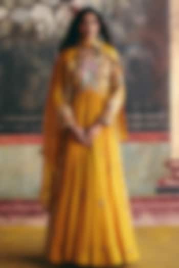 Mustard Chanderi & Brocade Kalidar Bridal Anarkali Set by Petticoat Lane at Pernia's Pop Up Shop