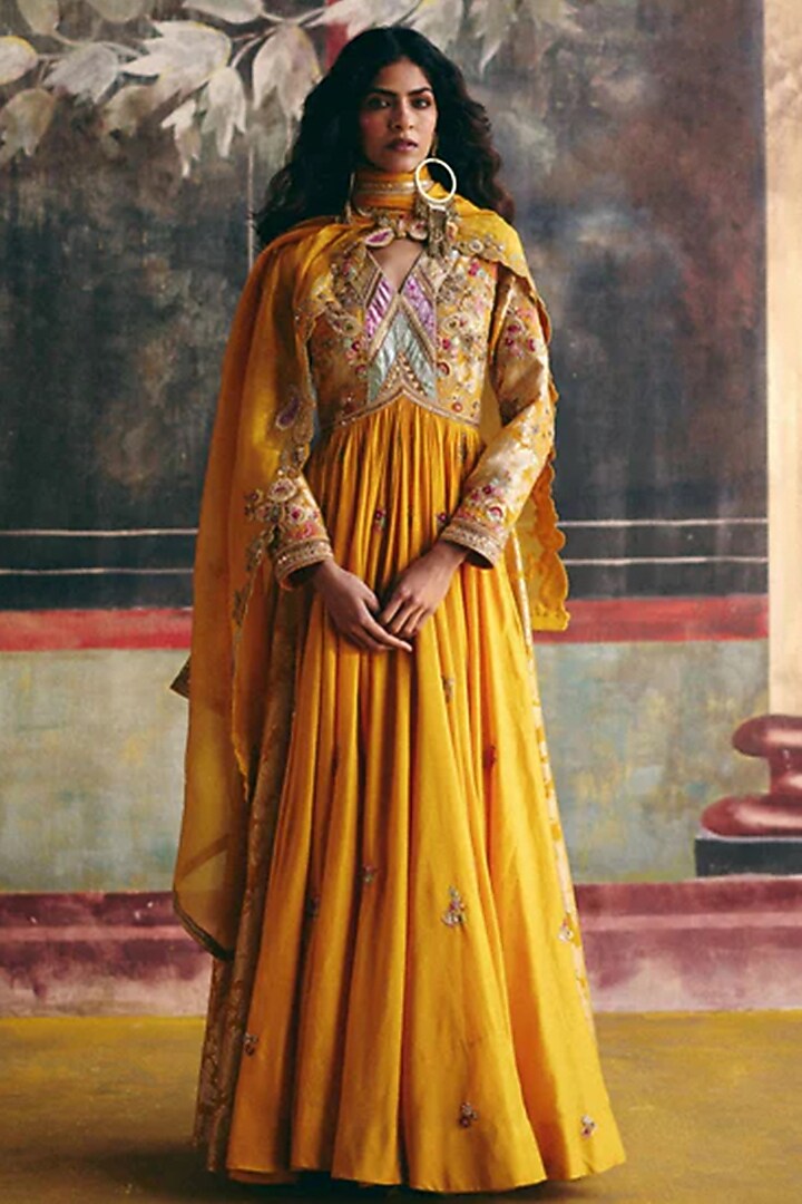 Mustard Chanderi & Brocade Kalidar Bridal Anarkali Set by Petticoat Lane at Pernia's Pop Up Shop