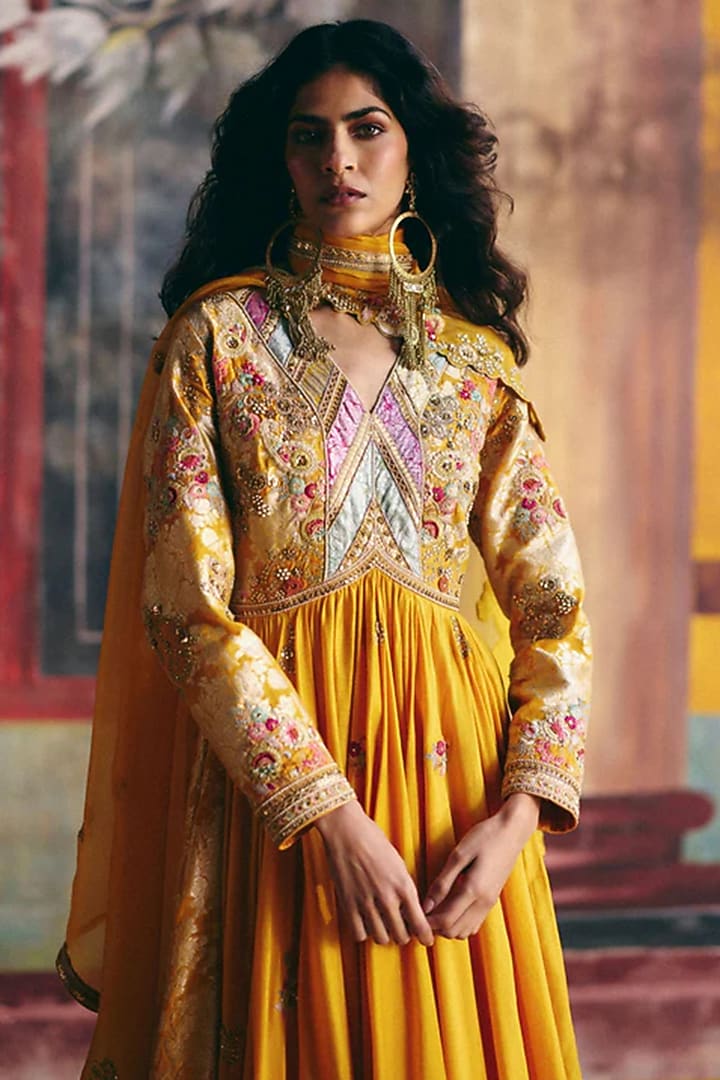 Mustard Chanderi & Brocade Kalidar Bridal Anarkali Set by Petticoat Lane at Pernia's Pop Up Shop