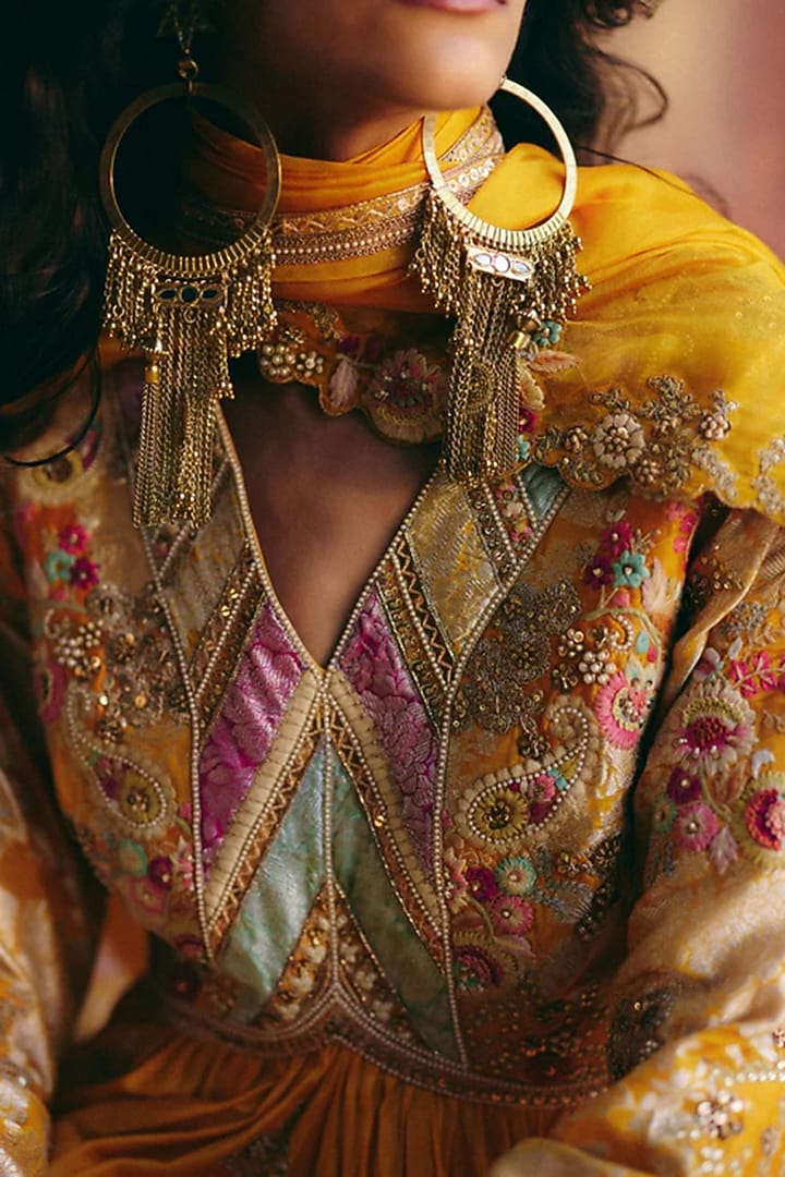 Mustard Chanderi & Brocade Kalidar Bridal Anarkali Set by Petticoat Lane at Pernia's Pop Up Shop