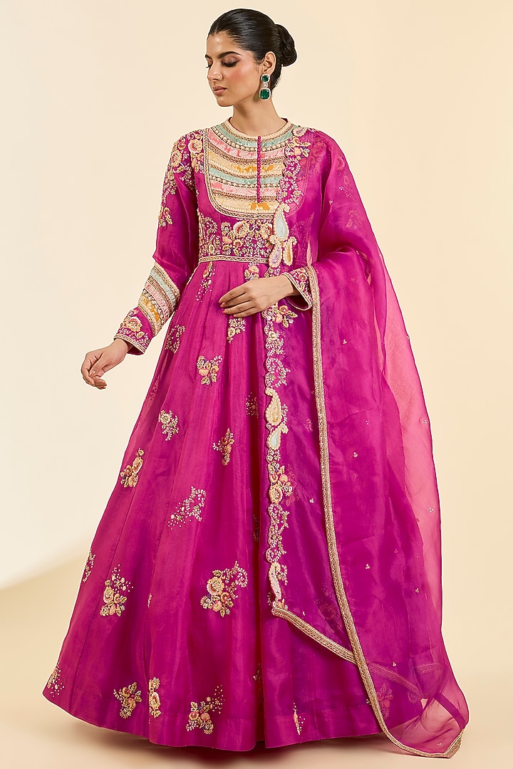 Fuschia Pink Brocade Patchwork Kalidar Bridal Anarkali Set by Petticoat Lane at Pernia's Pop Up Shop