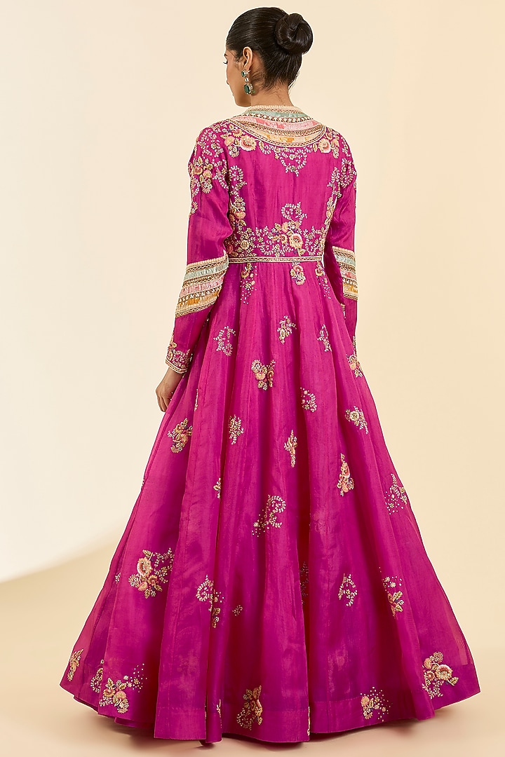 Fuschia Pink Brocade Patchwork Kalidar Bridal Anarkali Set by Petticoat Lane at Pernia's Pop Up Shop