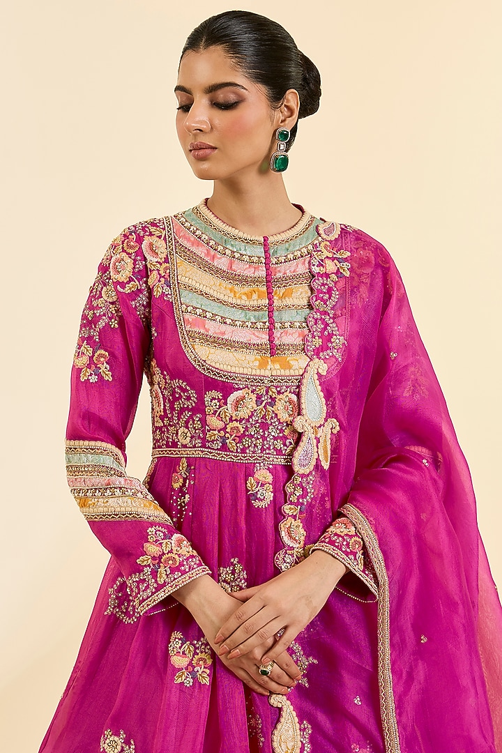 Fuschia Pink Brocade Patchwork Kalidar Bridal Anarkali Set by Petticoat Lane at Pernia's Pop Up Shop