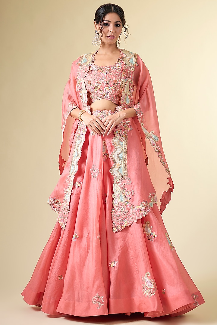 Rose Pink Organza & Chanderi Patchwork Jacket Wedding Lehenga Set by Petticoat Lane at Pernia's Pop Up Shop