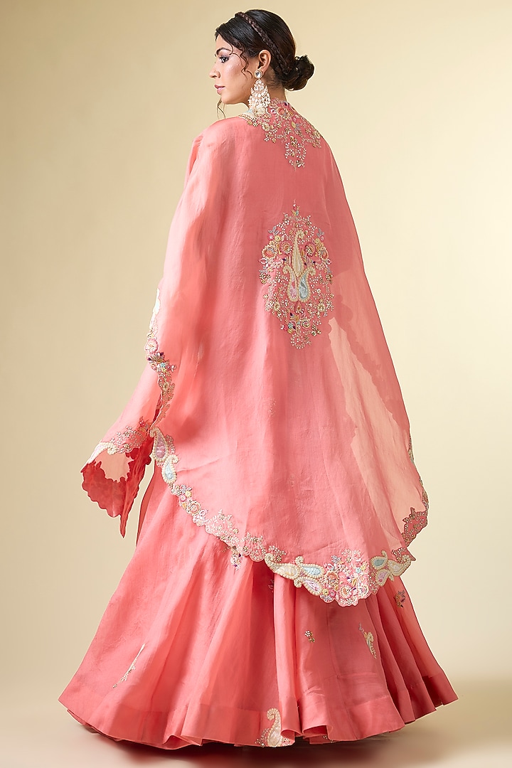 Rose Pink Organza & Chanderi Patchwork Jacket Wedding Lehenga Set by Petticoat Lane at Pernia's Pop Up Shop
