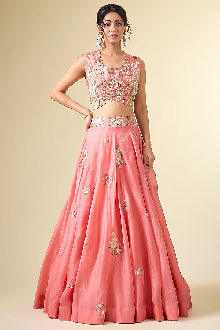 Rose Pink Organza & Chanderi Patchwork Jacket Wedding Lehenga Set by Petticoat Lane at Pernia's Pop Up Shop