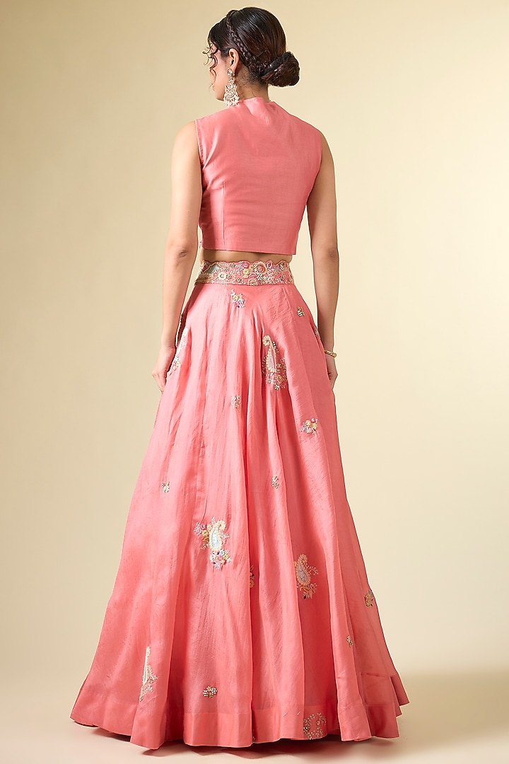 Rose Pink Organza & Chanderi Patchwork Jacket Wedding Lehenga Set by Petticoat Lane at Pernia's Pop Up Shop