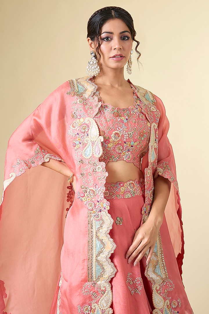 Rose Pink Organza & Chanderi Patchwork Jacket Wedding Lehenga Set by Petticoat Lane at Pernia's Pop Up Shop