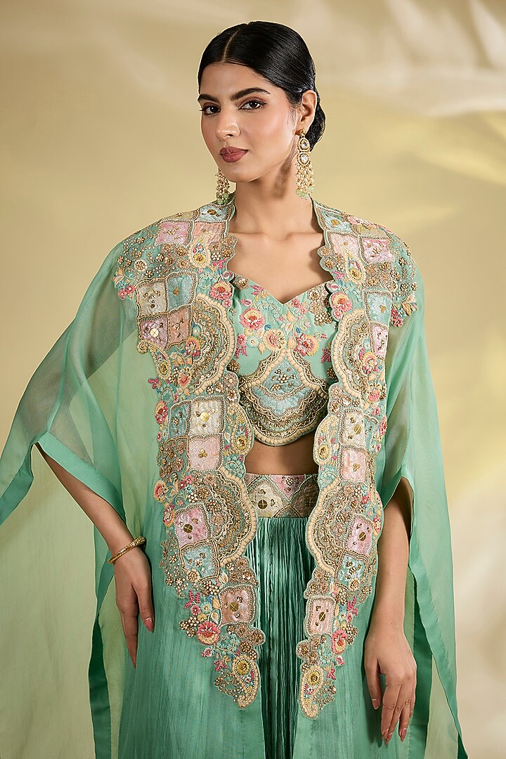 Cyan Organza Cape Set by Petticoat Lane at Pernia's Pop Up Shop