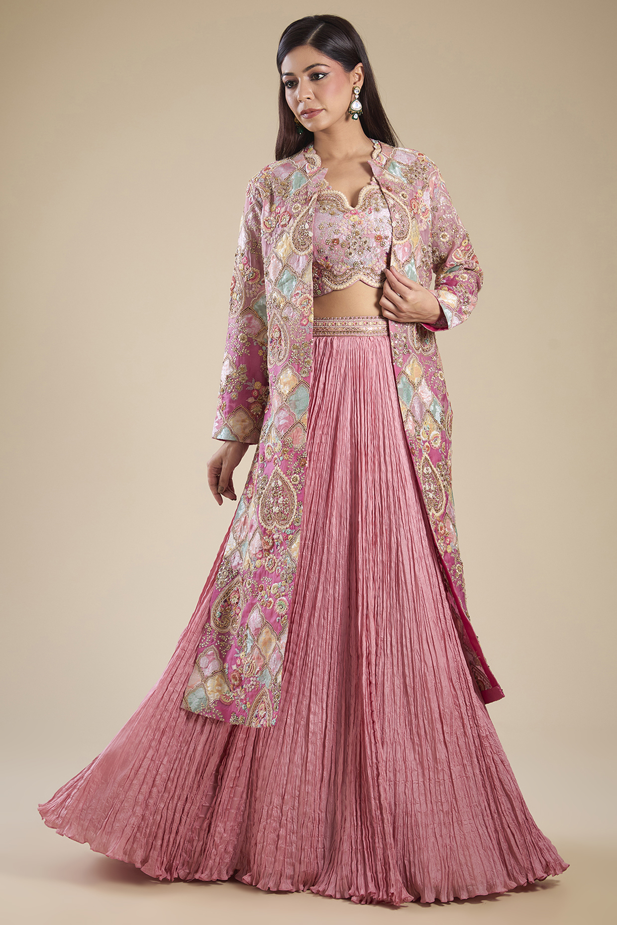 Lilac Ombre Chanderi & Brocade Patchwork Jacket Set by Petticoat Lane at Pernia's Pop Up Shop
