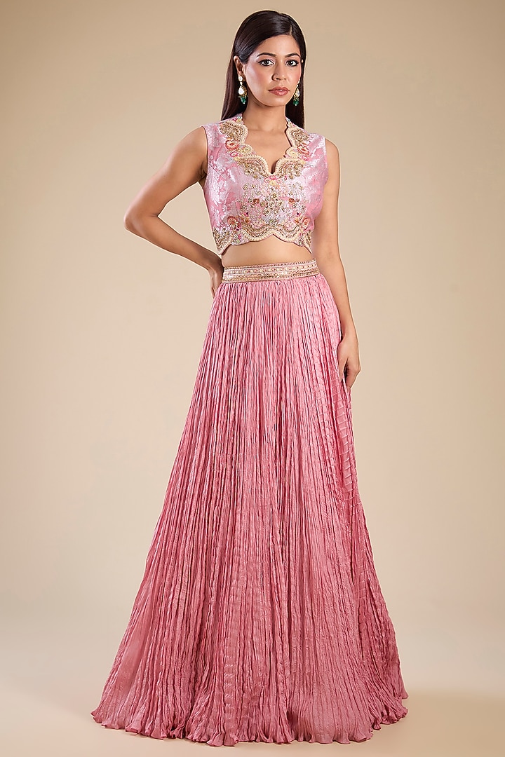 Lilac Ombre Chanderi & Brocade Patchwork Jacket Set by Petticoat Lane at Pernia's Pop Up Shop