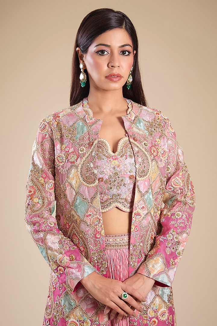 Lilac Ombre Chanderi & Brocade Patchwork Jacket Set by Petticoat Lane at Pernia's Pop Up Shop
