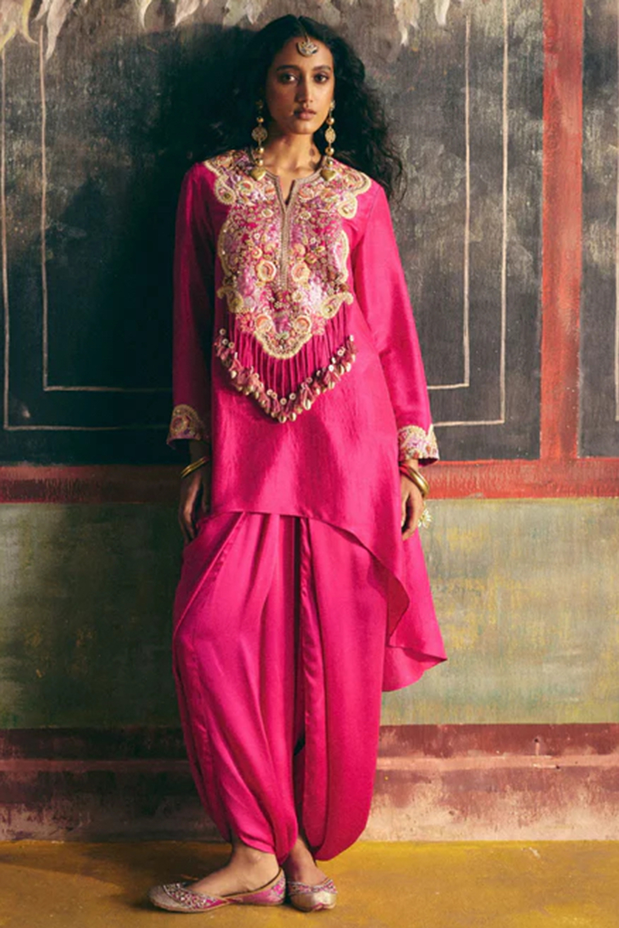 Fuchsia Pink Brocade Patchwork Short Kurta Set by Petticoat Lane at Pernia's Pop Up Shop