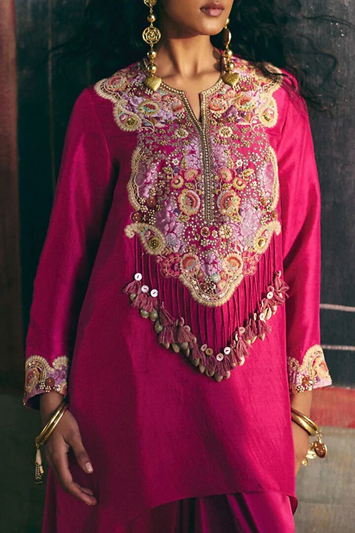 Fuchsia Pink Brocade Patchwork Short Kurta Set by Petticoat Lane at Pernia's Pop Up Shop