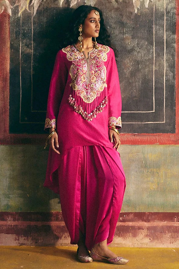Fuchsia Pink Brocade Patchwork Short Kurta Set by Petticoat Lane at Pernia's Pop Up Shop