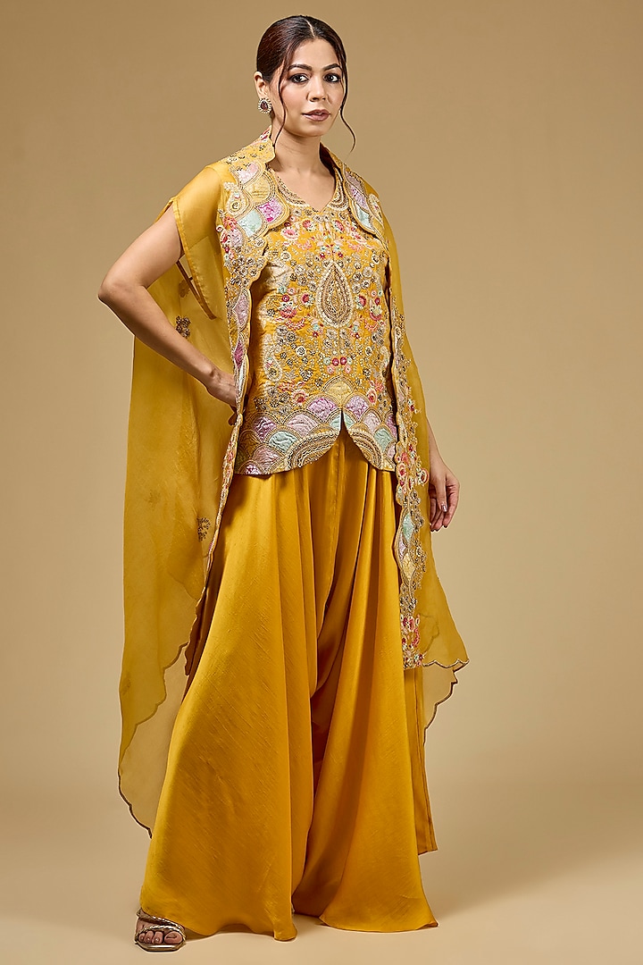 Mustard Organza Hand & Machine Embroidered Cape Set by Petticoat Lane at Pernia's Pop Up Shop