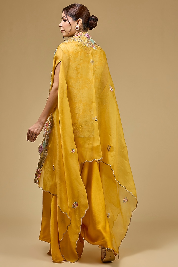 Mustard Organza Hand & Machine Embroidered Cape Set by Petticoat Lane at Pernia's Pop Up Shop