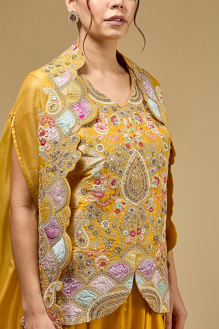 Mustard Organza Hand & Machine Embroidered Cape Set by Petticoat Lane at Pernia's Pop Up Shop