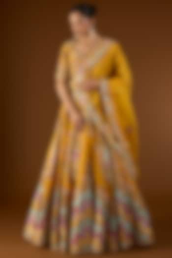 Mustard Brocade & Organza Hand & Machine Embroidered Kali Bridal Lehenga Set by Petticoat Lane at Pernia's Pop Up Shop
