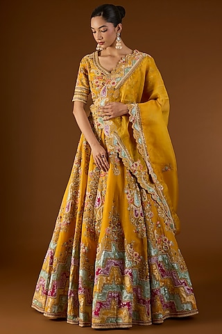 Mustard Brocade & Organza Hand & Machine Embroidered Kali Lehenga Set by Petticoat Lane