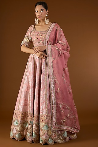 Lilac Brocade Hand & Machine Embroidered Kali Lehenga Set by Petticoat Lane