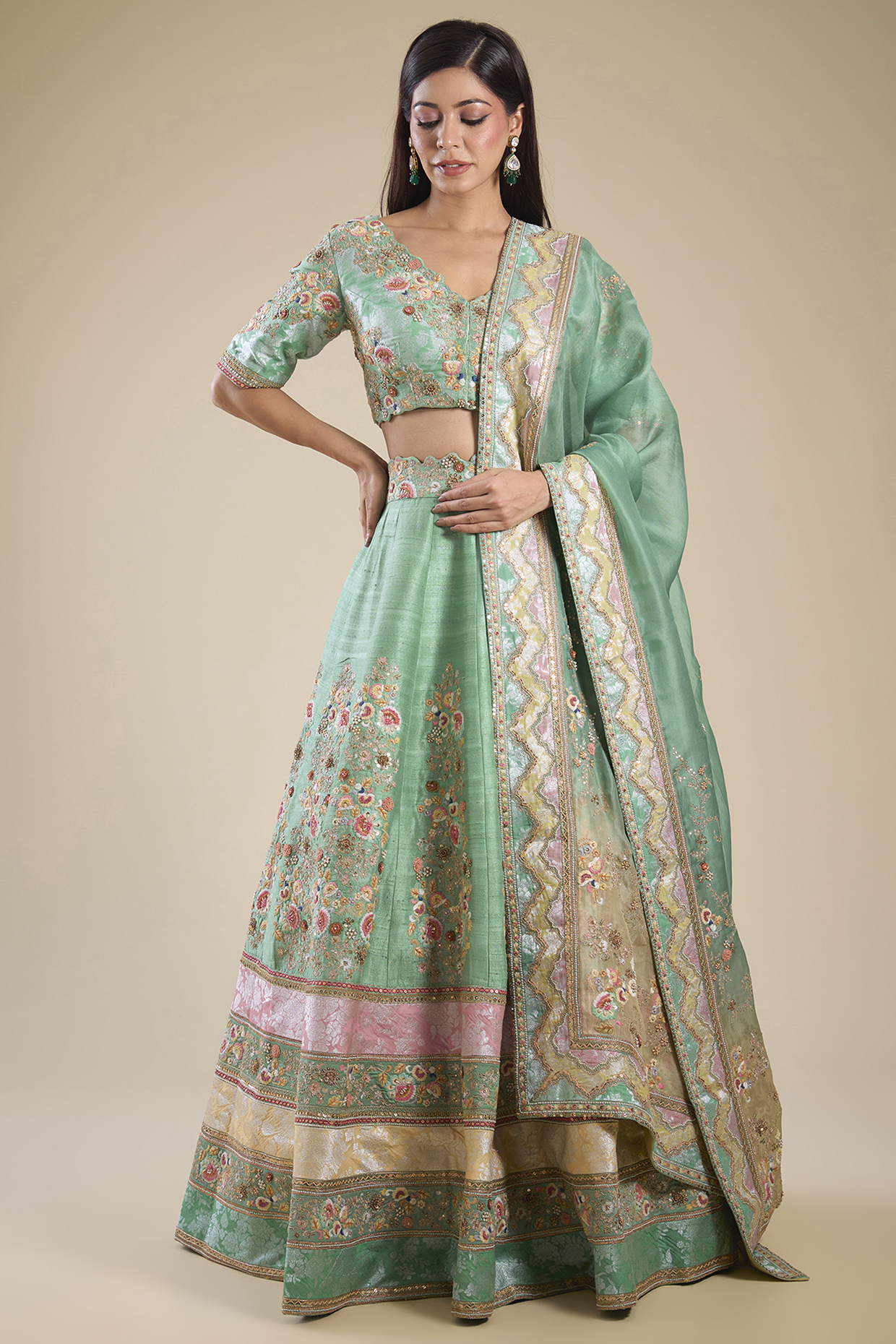 Cyan Chanderi & Brocade Patchwork Bridal Lehenga Set by Petticoat Lane at Pernia's Pop Up Shop