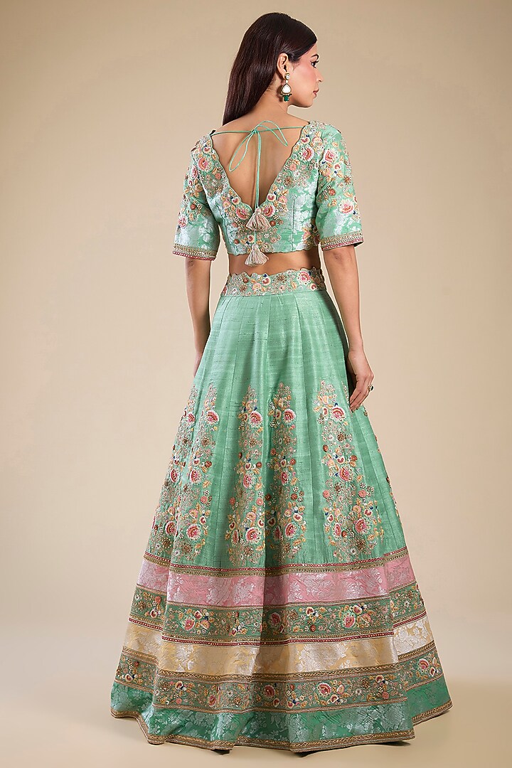 Cyan Chanderi & Brocade Patchwork Bridal Lehenga Set by Petticoat Lane at Pernia's Pop Up Shop
